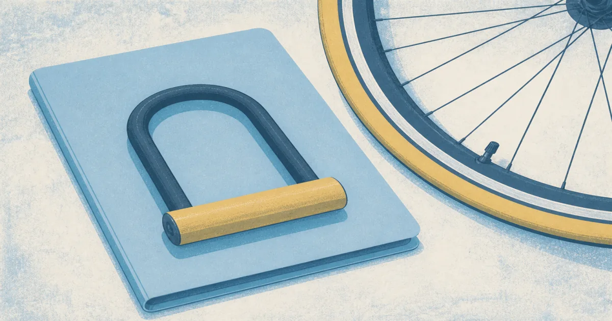 Risograph illustration of a bicycle valuation checklist with a lock and policy folder
