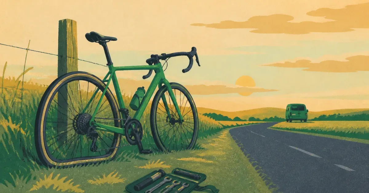 Bicycle with a flat tyre beside a rural fence and a distant recovery van silhouette