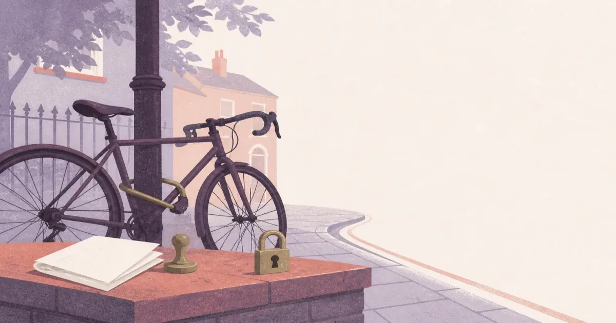 Risograph illustration of a locked bicycle beside claim paperwork and a padlock