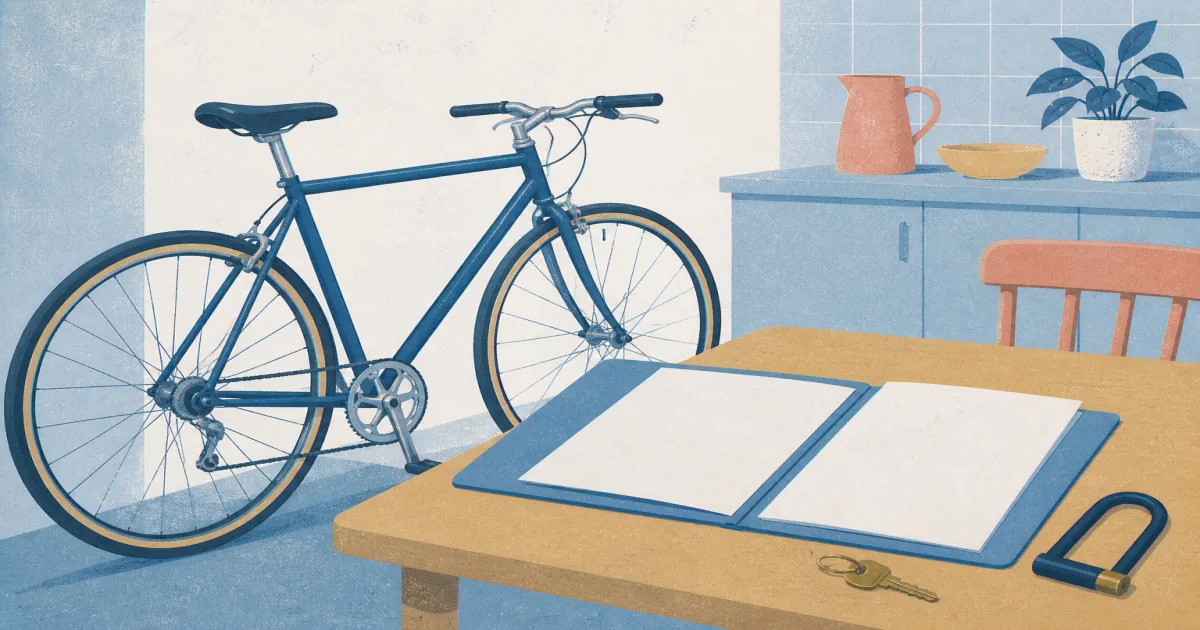 Pedal bicycle beside blank policy papers, a key and a U-lock