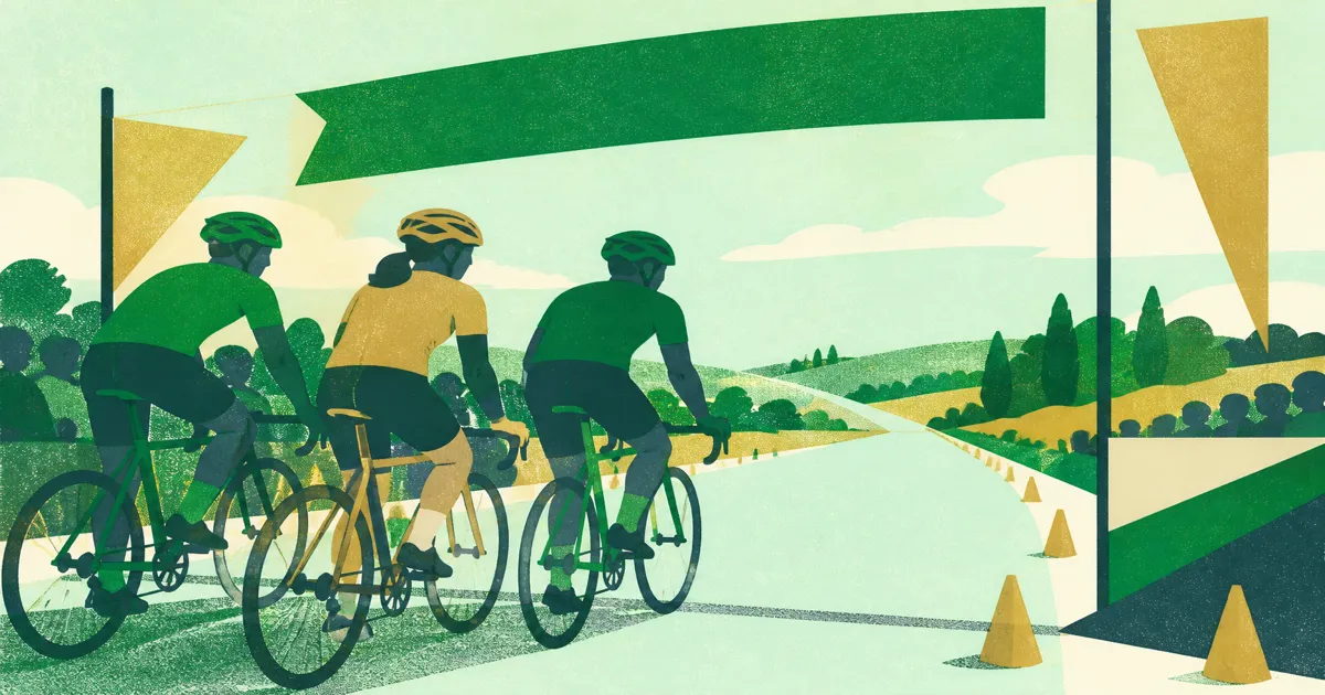 Risograph illustration of pedal cyclists at a sportive start line with banners as abstract shapes