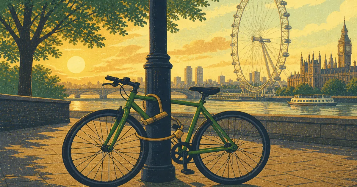 Bicycle locked to a railing outside a London terraced house