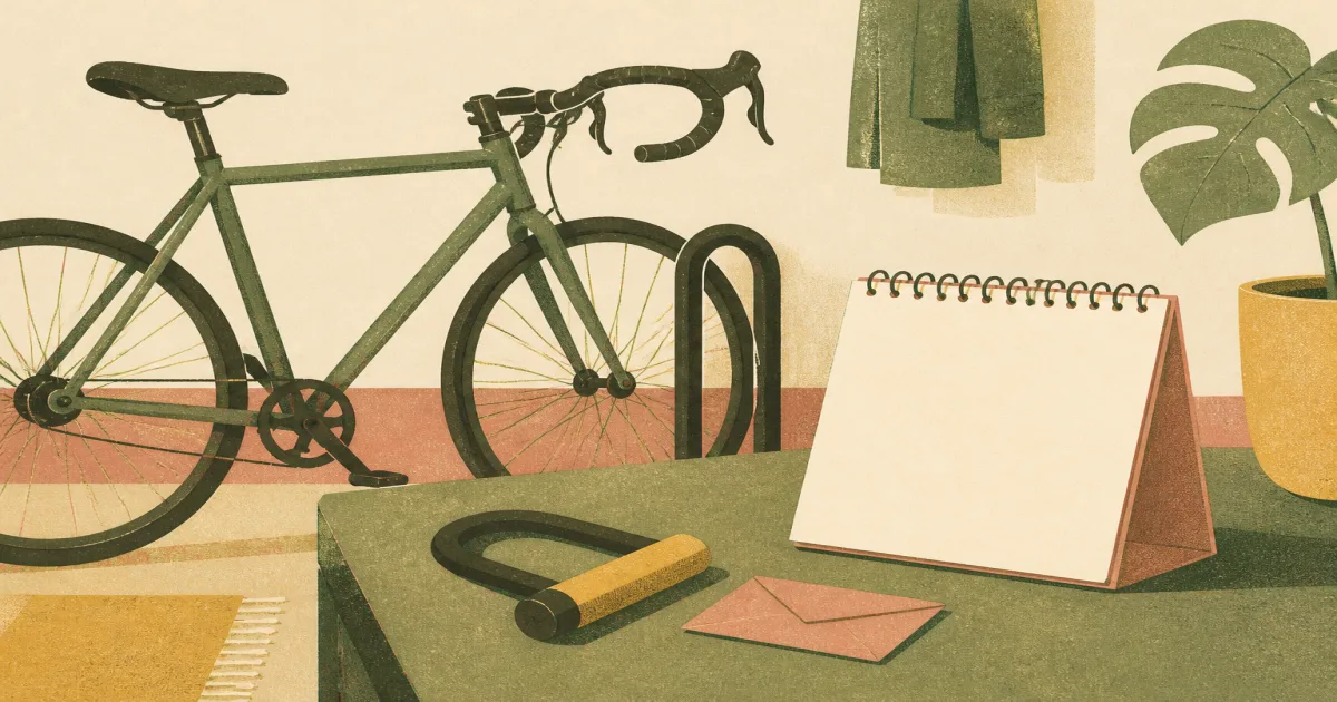 Pedal bicycle by a blank calendar, an envelope and a U-lock