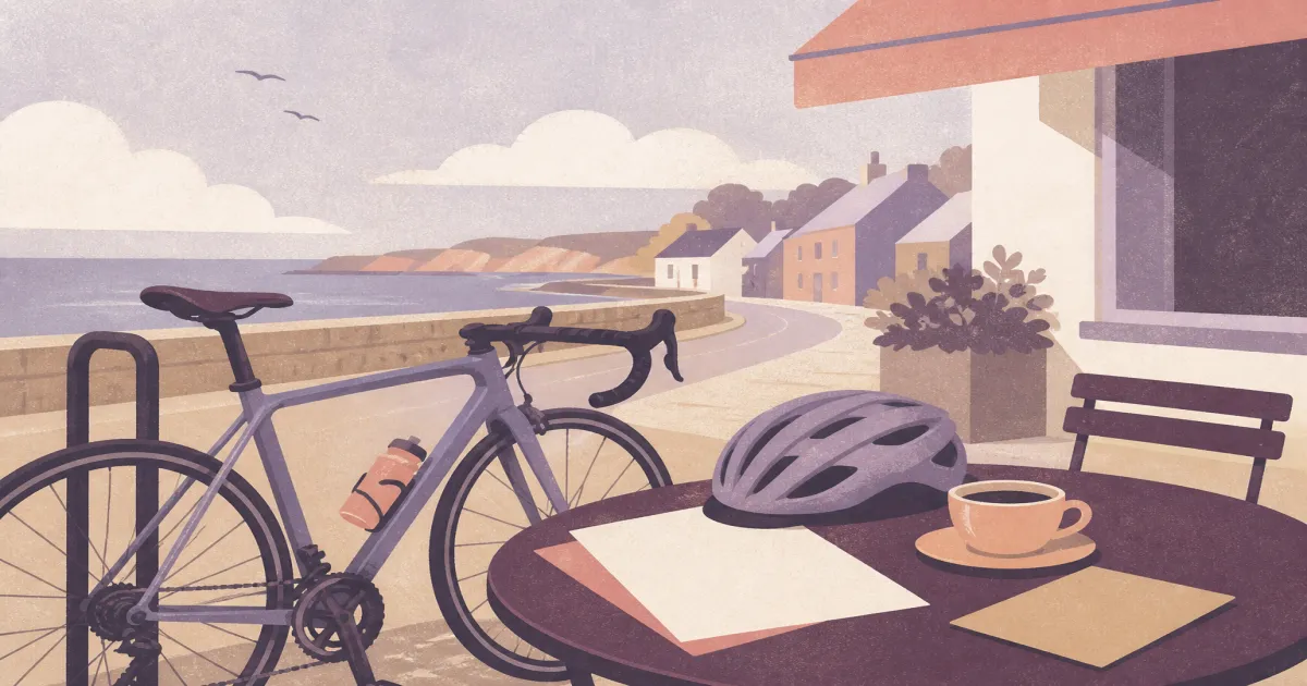 Risograph illustration of a road bike and helmet beside UK insurance paperwork on a cafe table