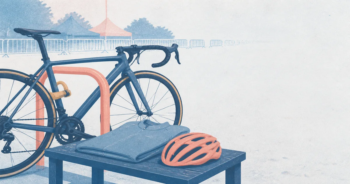 Risograph illustration of a club jersey and helmet beside a locked road bike at a race start