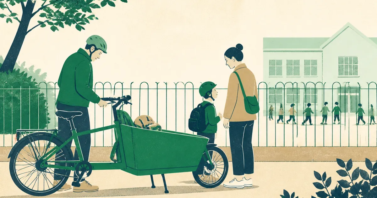 Family cargo bike locked outside a primary school with panniers attached