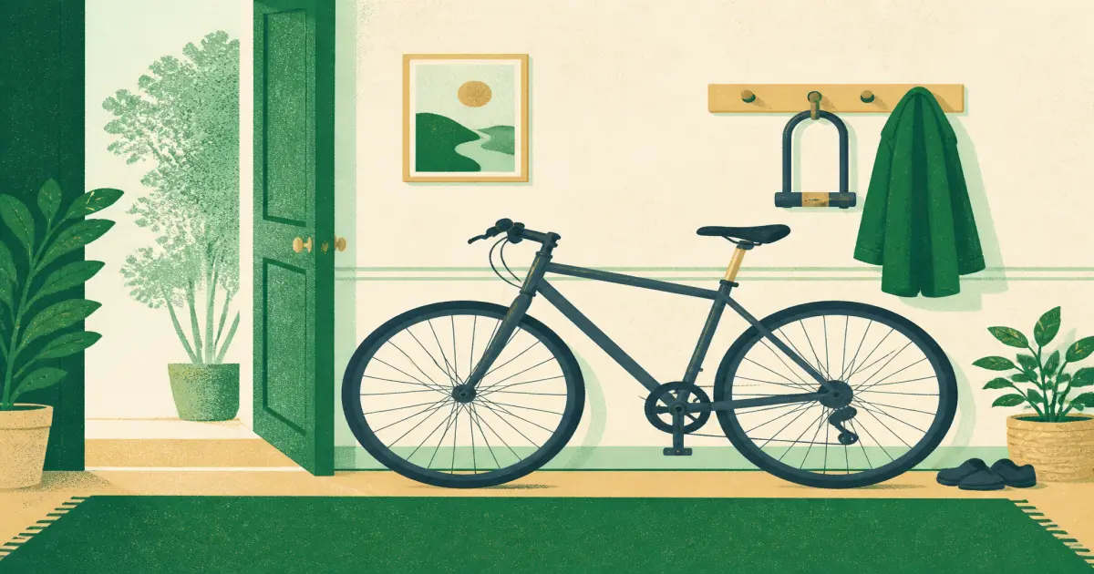 Budget-friendly hybrid bicycle locked in a home hallway