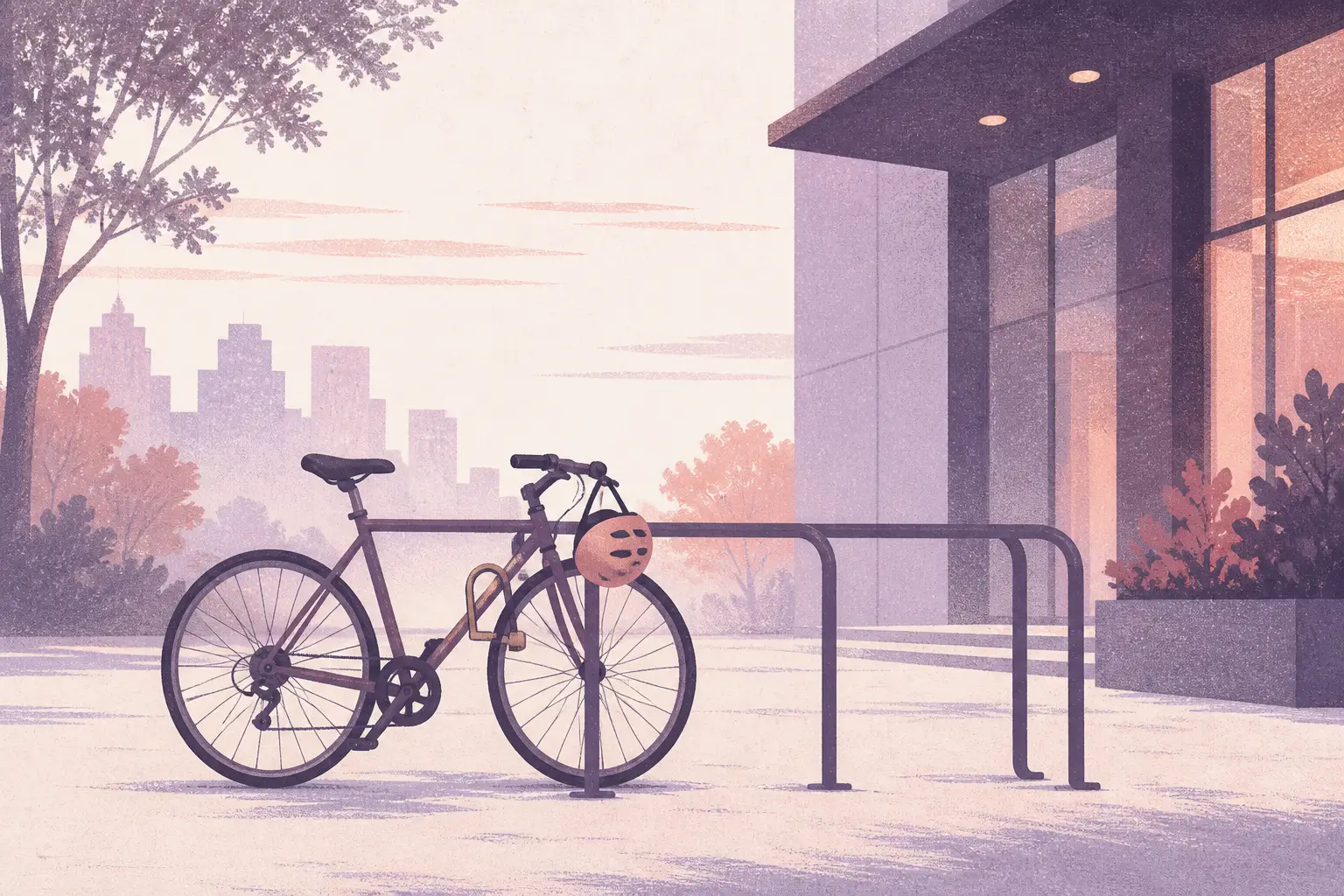 Risograph illustration of a locked pedal bicycle at an office bike rack at dawn