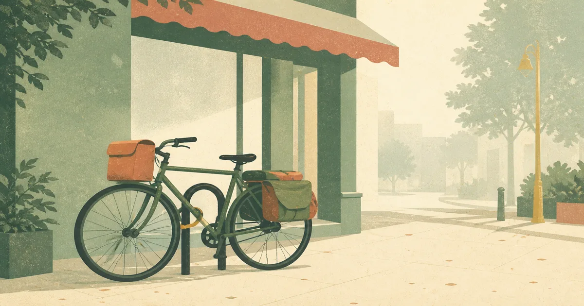 Risograph illustration of a delivery bicycle with panniers locked outside a shopfront