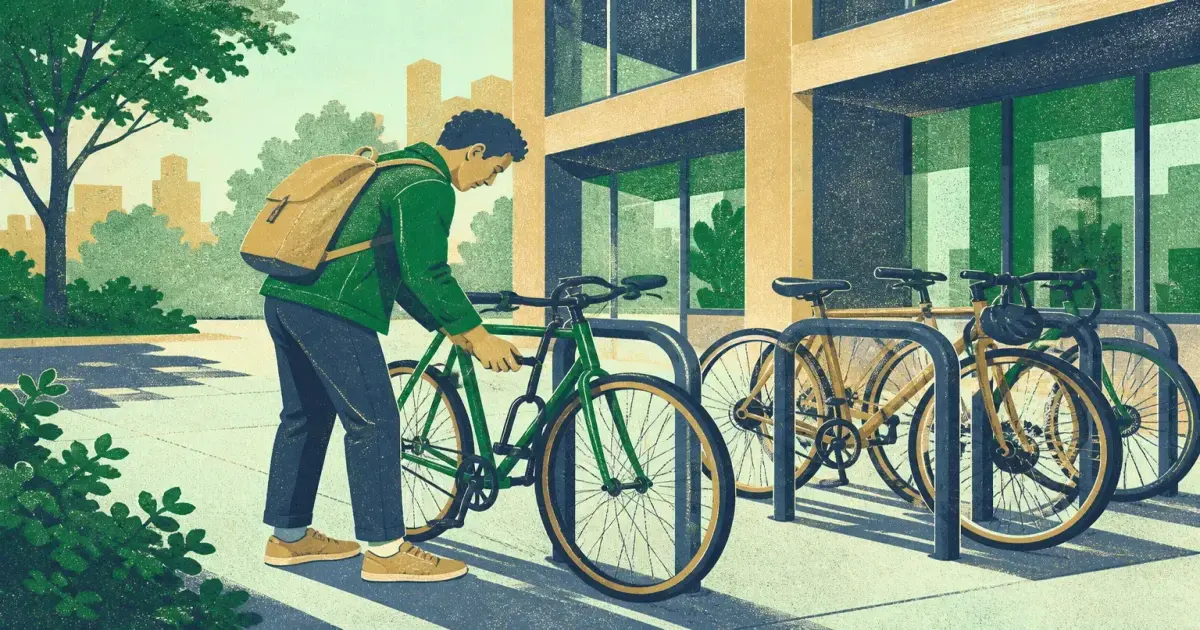 Commuter unlocking a bicycle from a workplace bike rack