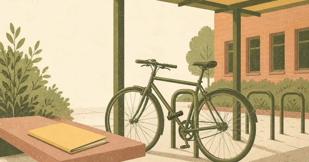 Risograph illustration of a locked commuter bicycle under a cycle-store canopy beside a simple policy folder