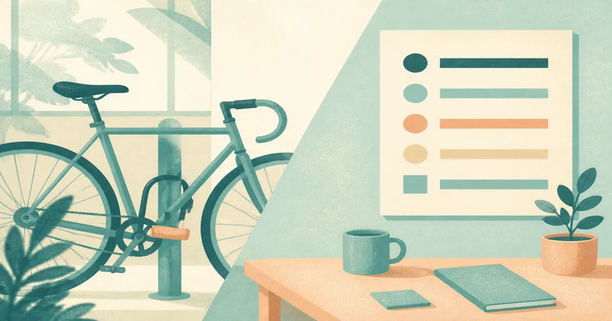Risograph illustration of a locked bicycle beside a simple UK policy checklist on a desk