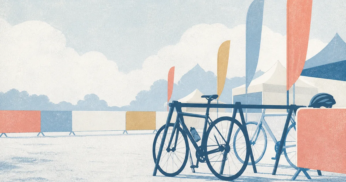 Risograph illustration of pedal cyclists at a sportive start with abstract banners and a bike rack