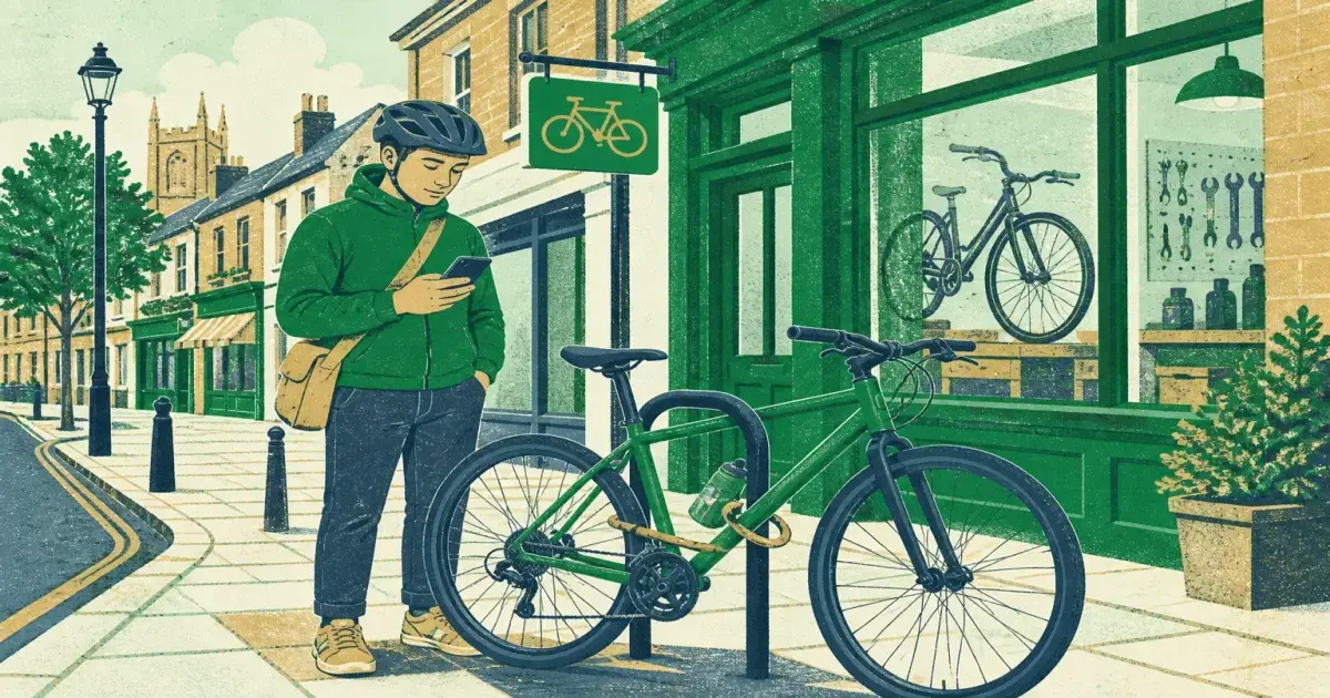 Cyclist checking a phone next to a locked bicycle on a UK street