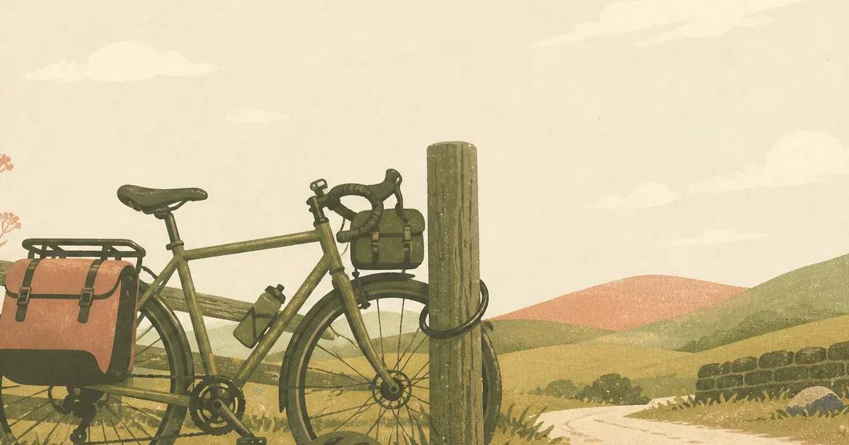 Risograph illustration of a membership card and helmet beside a locked touring bike on a quiet lane