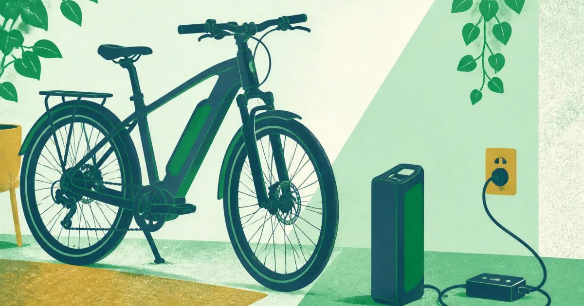 Electric bike with a removable battery beside a simple charger cable