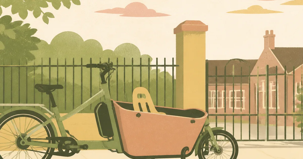Risograph illustration of an electric cargo bike with a front box parked at a school gate