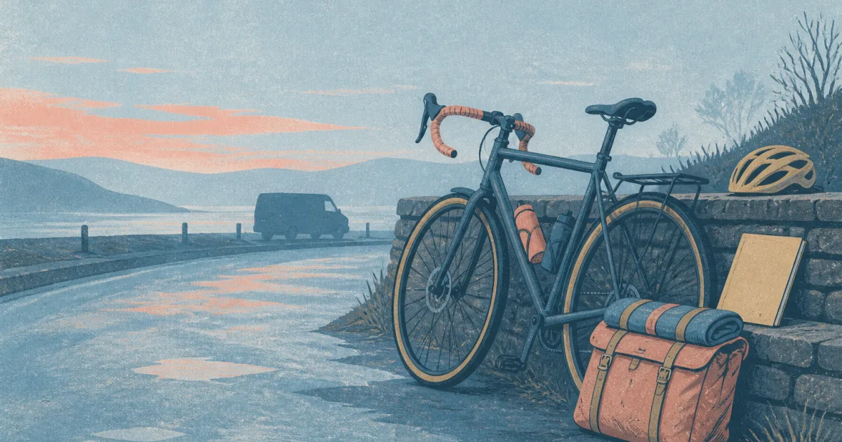 Risograph illustration of a touring bicycle beside a roadside rescue bag and a blank membership folder