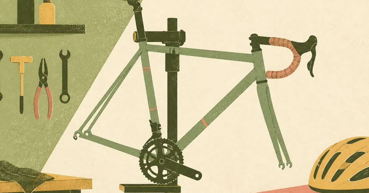 Risograph illustration of a bike shop workshop stand with a road frame and helmet