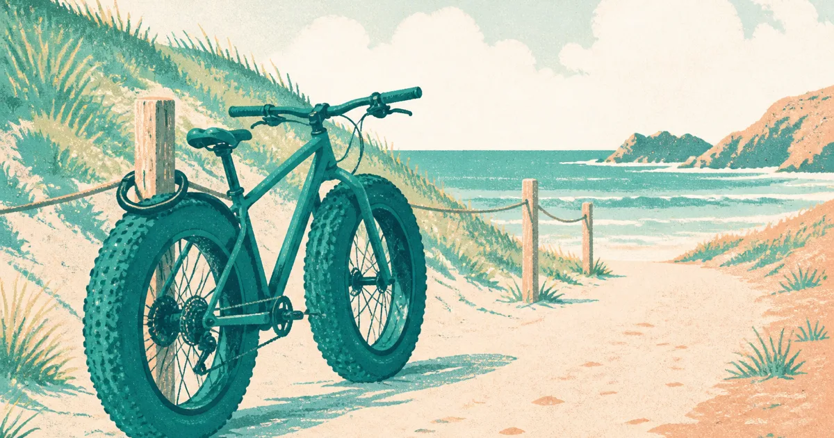 Risograph illustration of a fat bike with wide tyres on a sandy coastal path
