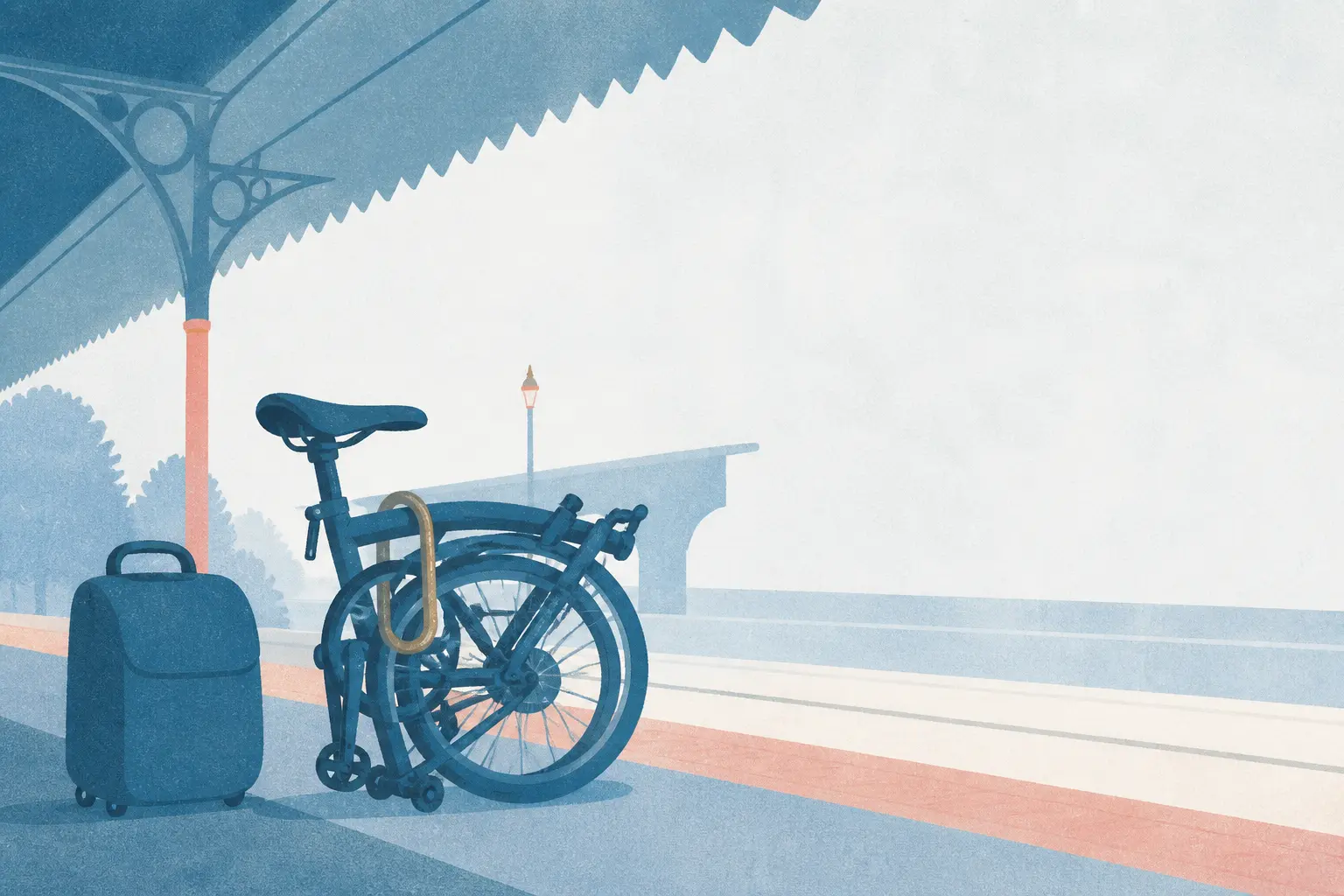 Risograph illustration of a folded pedal bicycle on a UK train platform with a U-lock