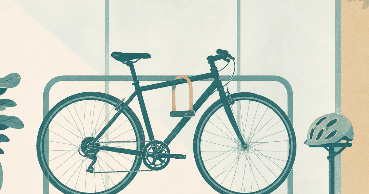Risograph illustration of a bike shop rack with a U-lock and helmet beside a city hybrid