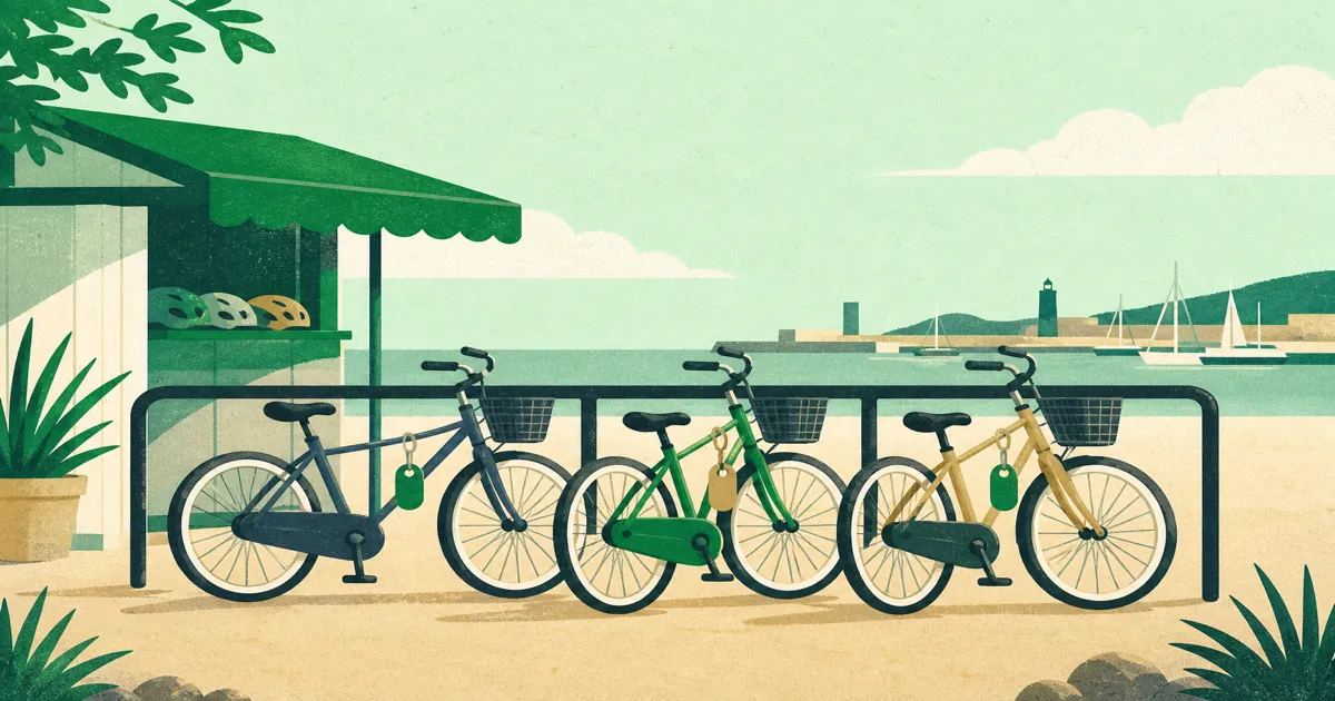 Risograph illustration of hire bicycles lined at a seaside shop rack