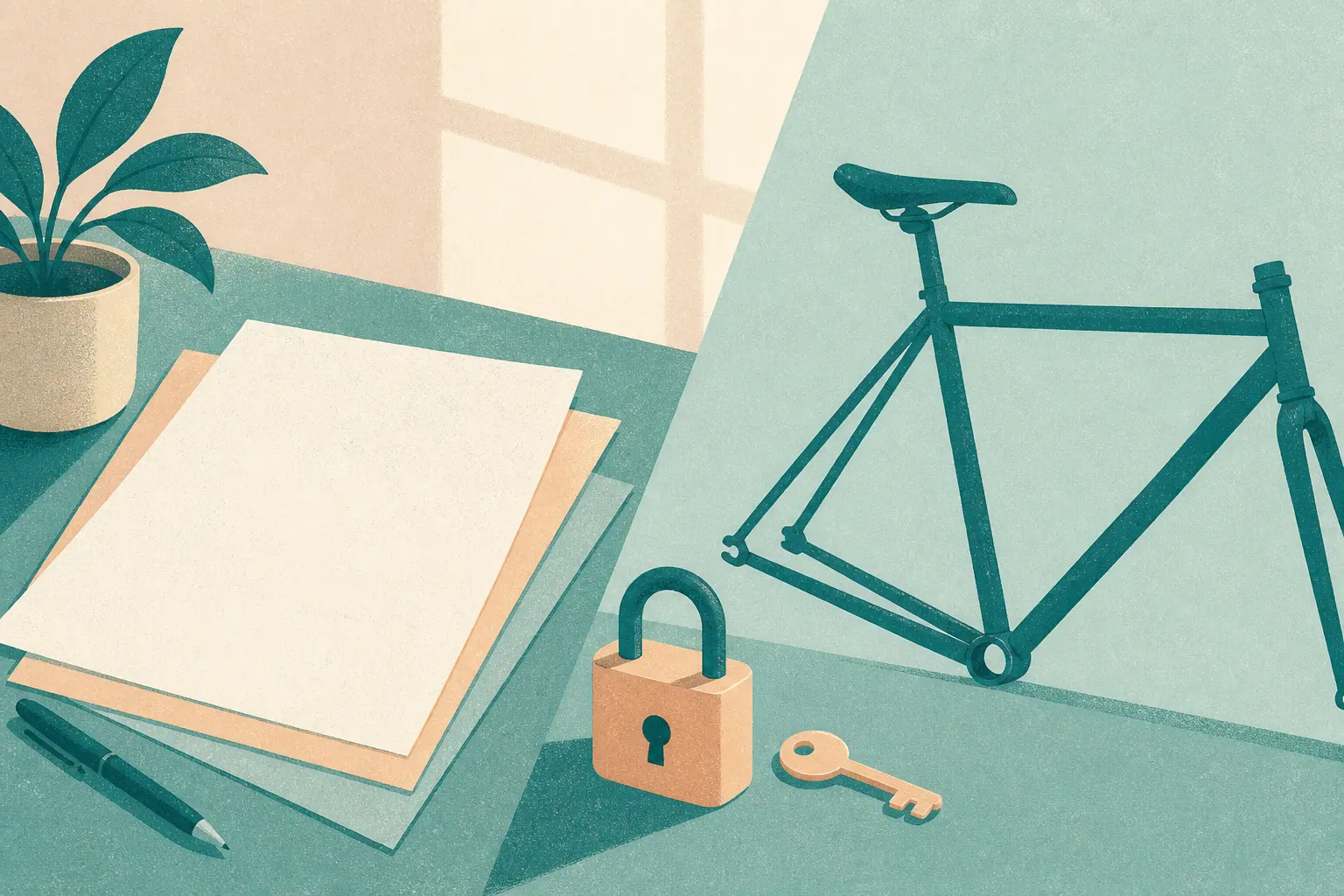 Risograph illustration of a pedal bicycle silhouette beside blank policy papers and a padlock