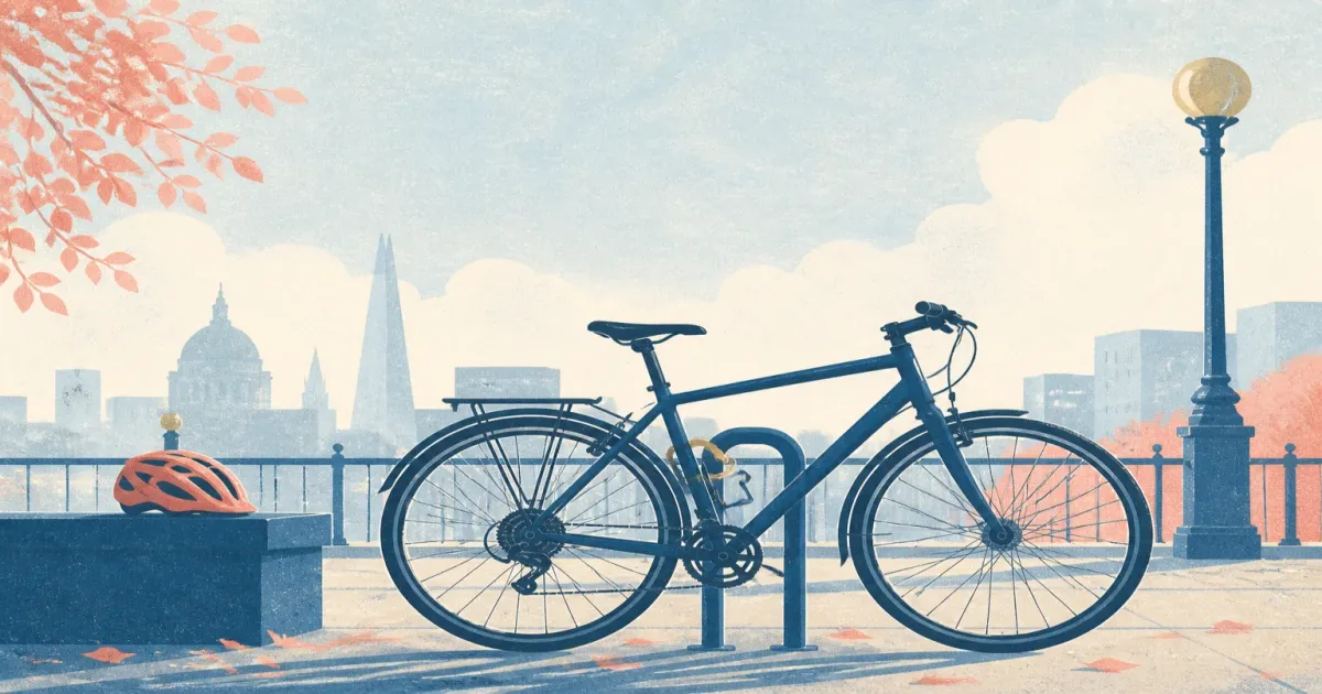 Risograph illustration of a hybrid bicycle at a city cycle rack under soft morning light