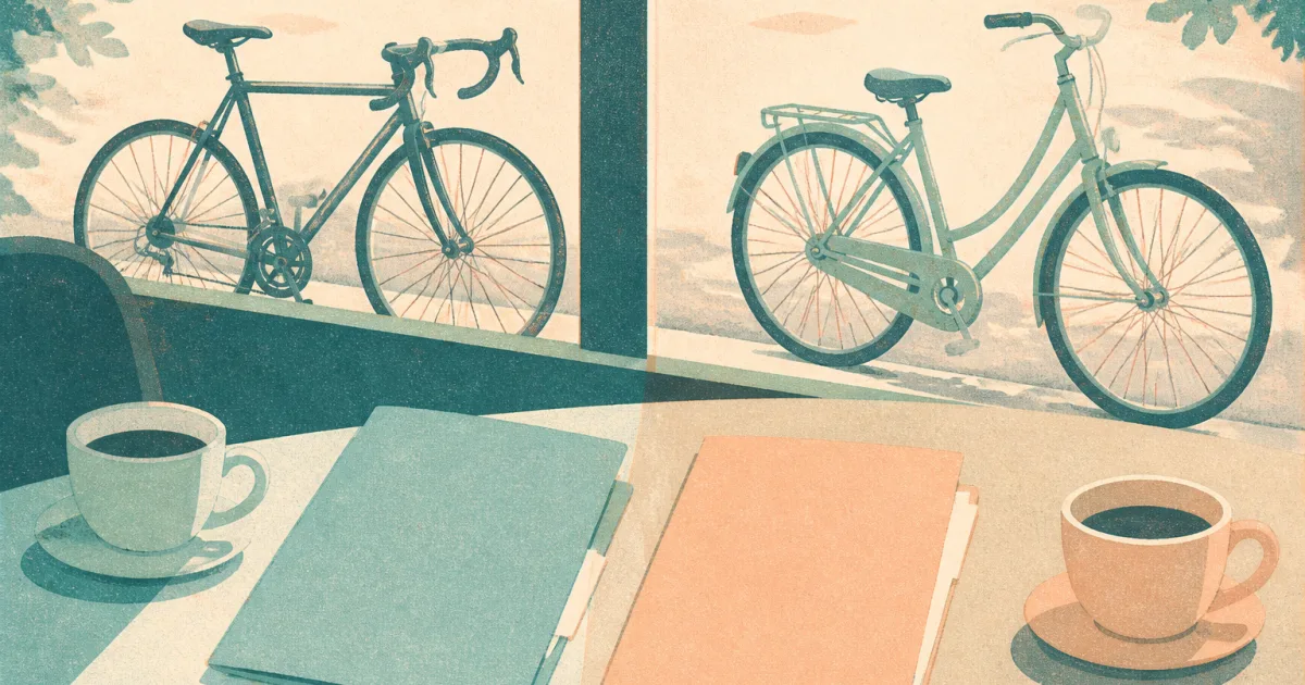 Risograph illustration of two bicycles and two policy folders on a cafe table being compared side by side