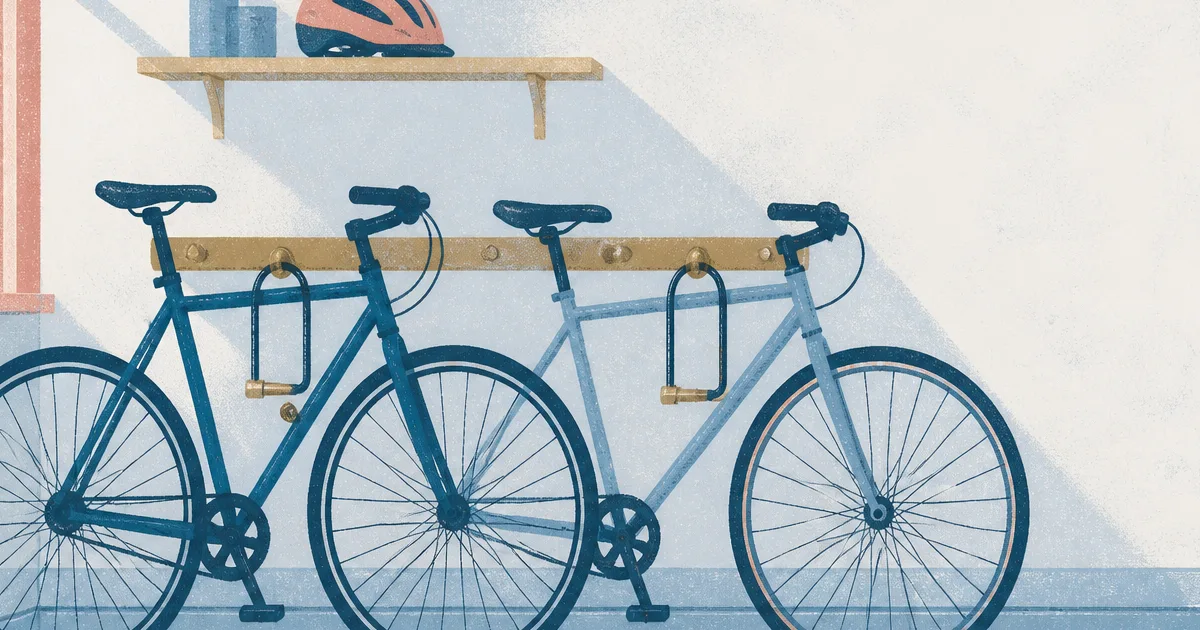 Risograph illustration of two locked bicycles side by side in a hallway bike store