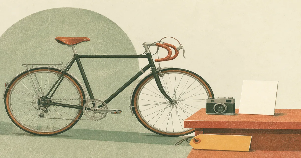 Used pedal bicycle beside a camera, blank receipt card and ownership tag