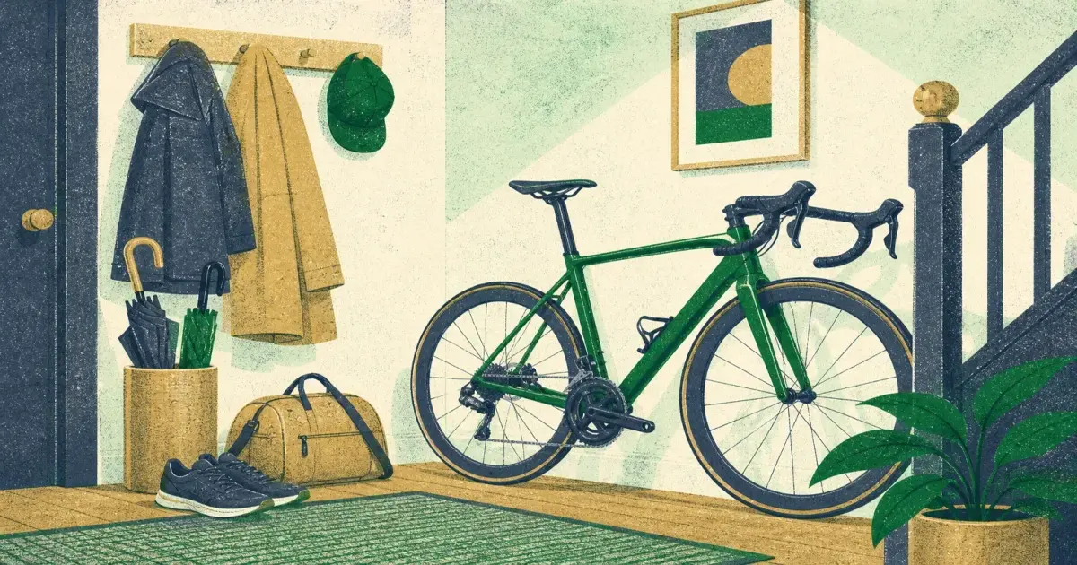 Expensive road bike stored beside home contents in a hallway