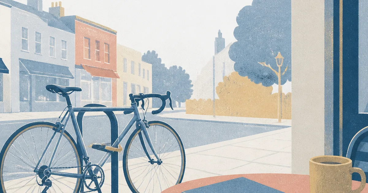 Risograph illustration of a road bike locked outside a cafe beside a closed folder of papers