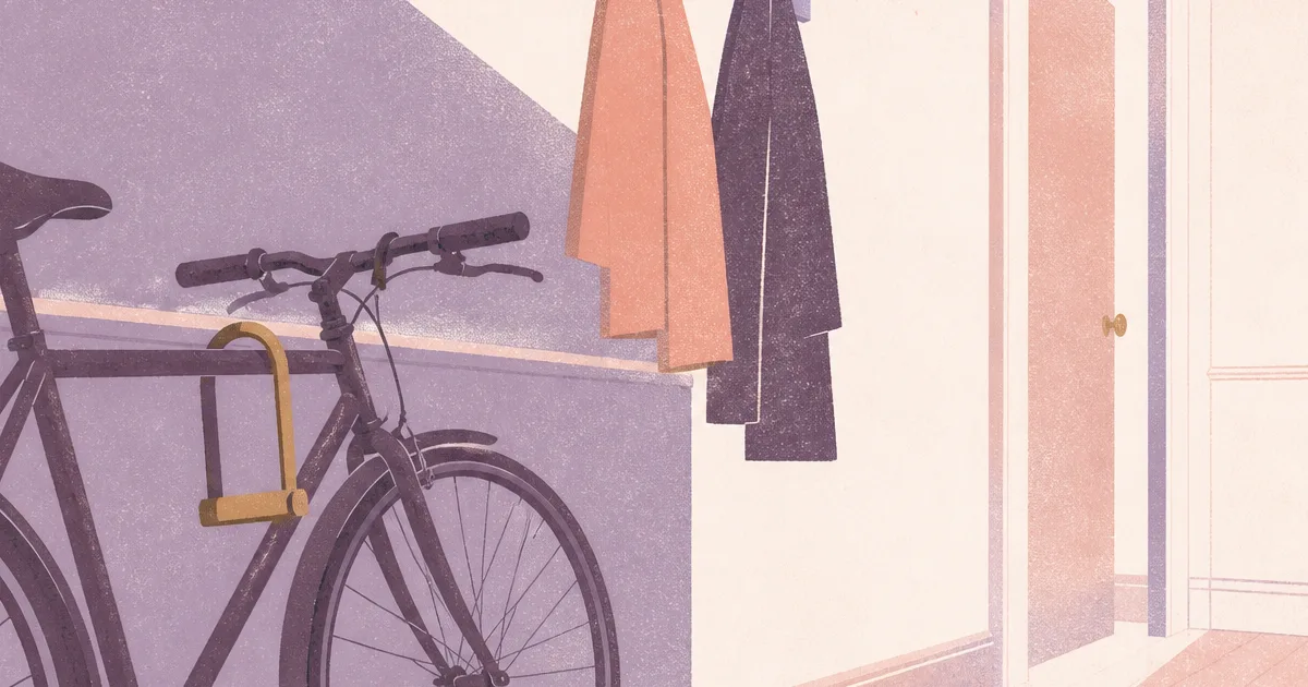 Risograph illustration of a bicycle in a shared student hallway beside a simple lock