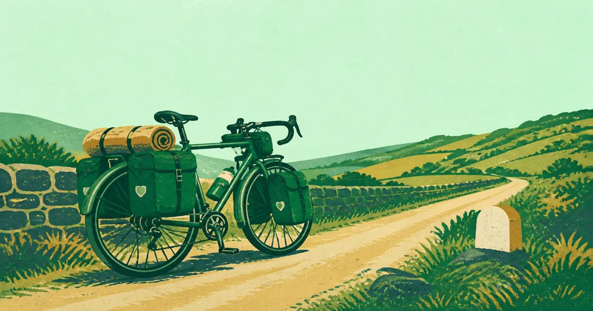 Risograph illustration of a loaded touring bicycle with panniers beside a countryside lane