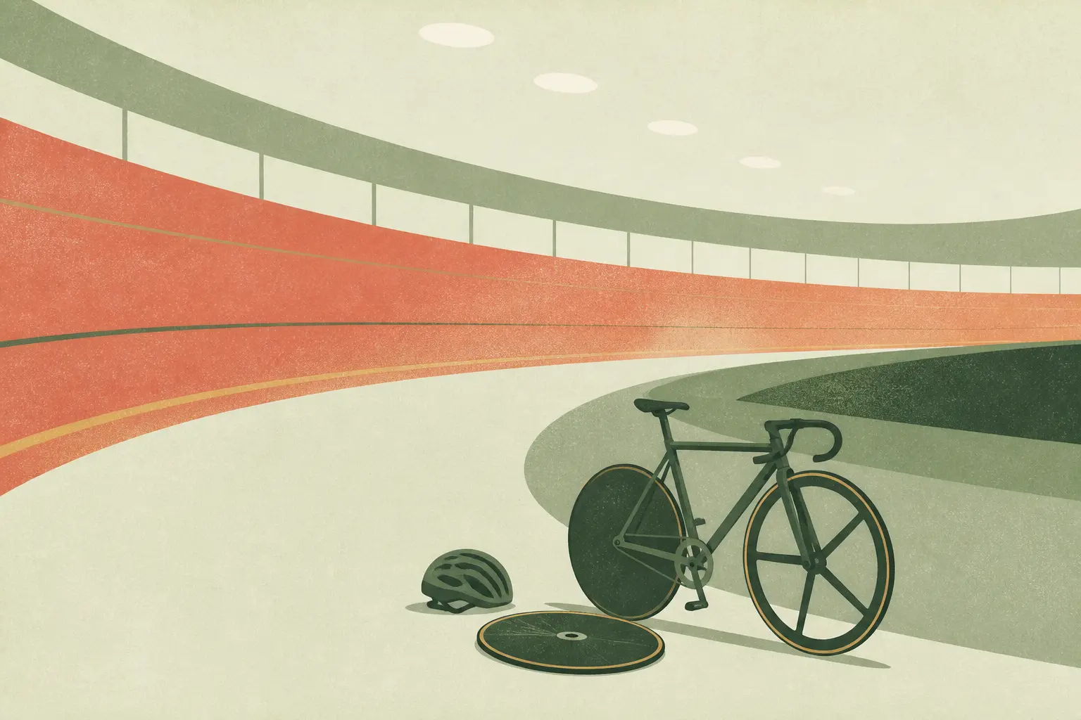 Risograph illustration of a track bicycle on a banked velodrome curve with a helmet
