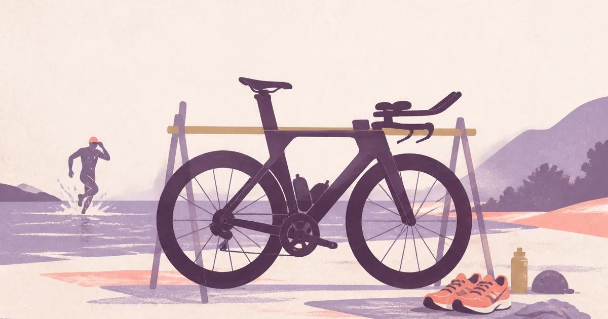 Risograph illustration of a triathlon bike on a rack beside abstract transition-area shapes