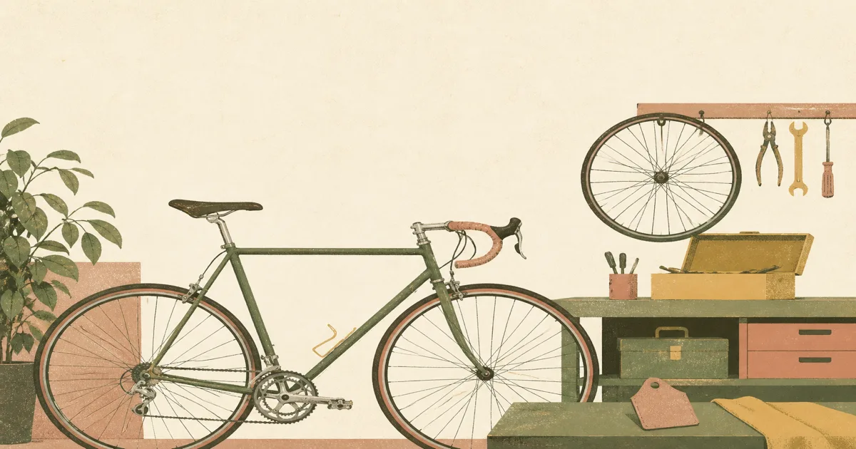 Risograph illustration of a classic steel road bicycle beside restoration tools and a frame number tag