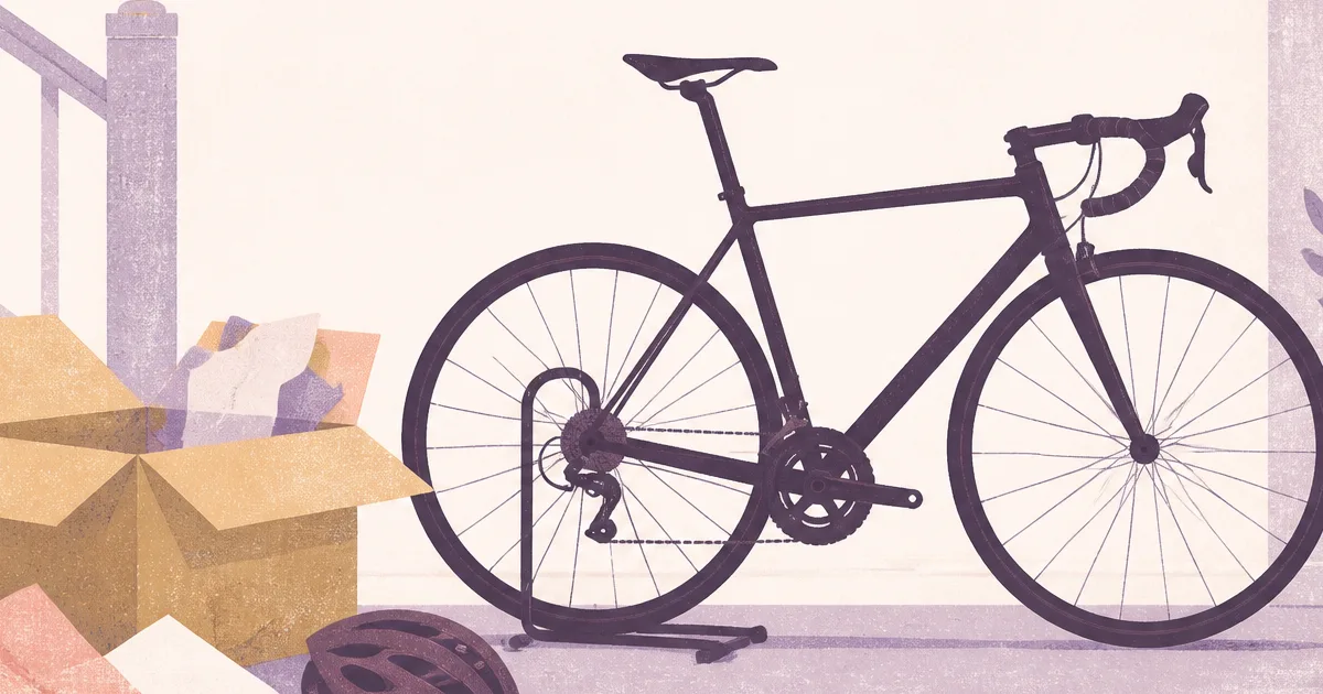 Risograph illustration of a road bike and parcel box beside a hallway rack