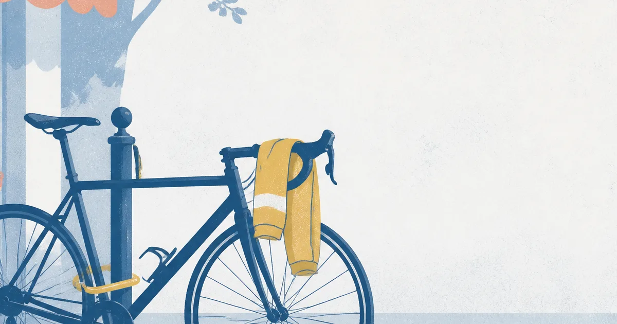 Risograph illustration of a yellow cycling jersey draped over a locked road bike outside a cafe