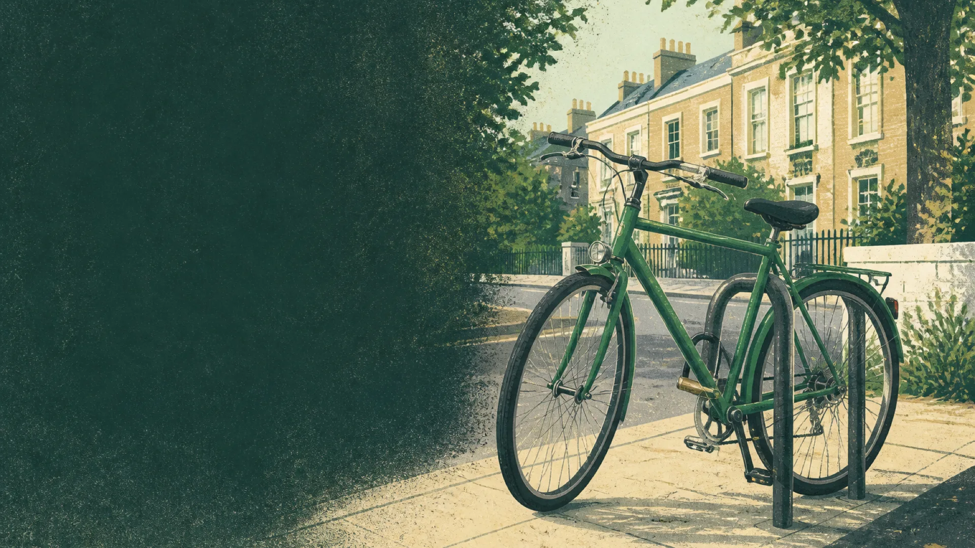 Green commuter bicycle secured to a rack on a quiet British street